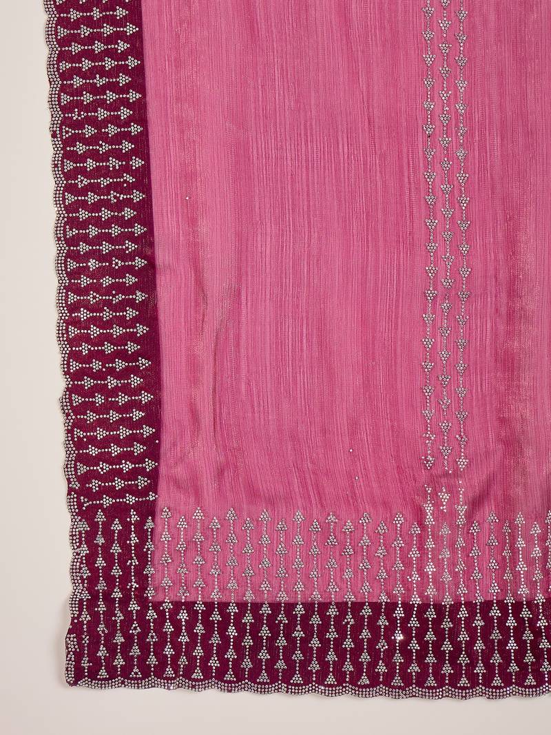 women's purple silk blend chiffon embellished saree with unstitched blouse piece