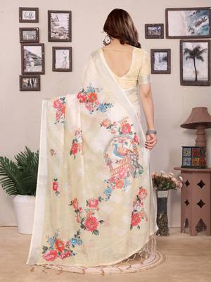 Cream cotton lilen digital printed saree with blouse 3