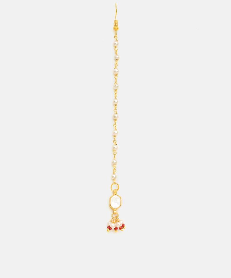Gold plated kundan red stones maang tikka