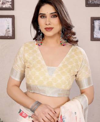 Cream cotton lilen digital printed saree with blouse 5