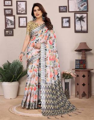 Multicolor cotton lilen digital printed saree with blouse 1