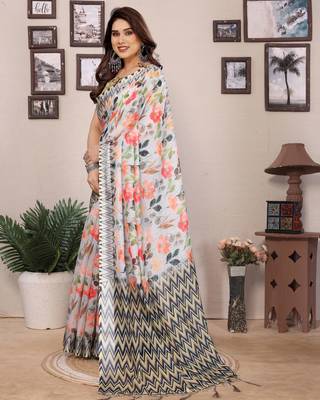 Multicolor cotton lilen digital printed saree with blouse 2