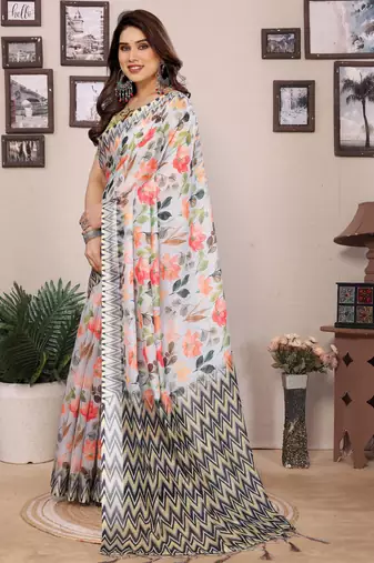 Multicolor cotton lilen digital printed saree with blouse