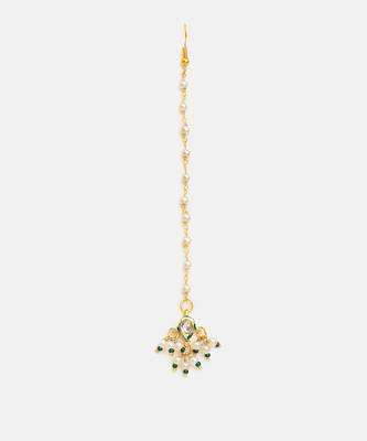 Gold plated kundan green stones maang tikka 3