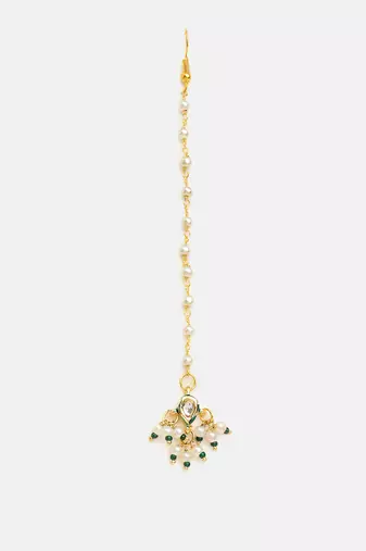 Gold plated kundan green stones maang tikka