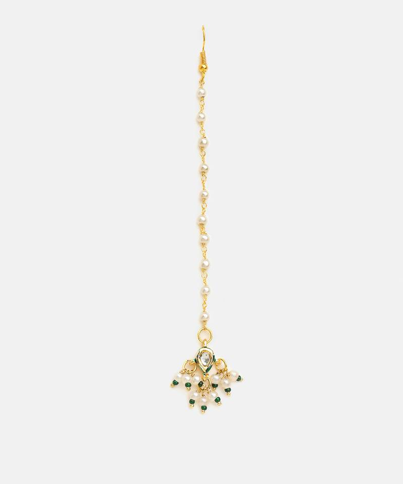 Gold plated kundan green stones maang tikka