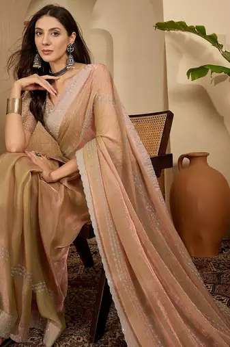 women's beige silk blend chiffon embellished saree with unstitched blouse piece