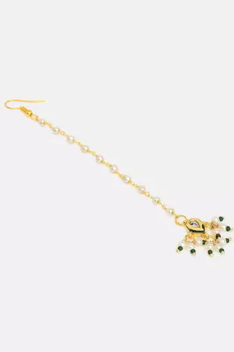 Gold plated kundan green stones maang tikka