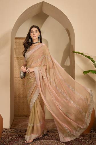 women's beige silk blend chiffon embellished saree with unstitched blouse piece