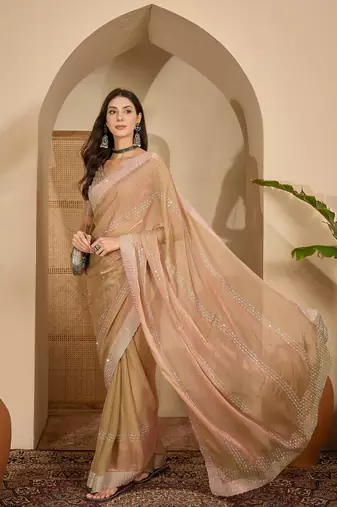 women's beige silk blend chiffon embellished saree with unstitched blouse piece