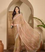 women's beige silk blend chiffon embellished saree with unstitched blouse piece