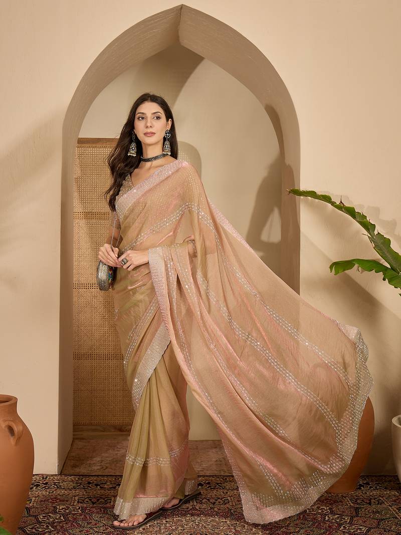 women's beige silk blend chiffon embellished saree with unstitched blouse piece