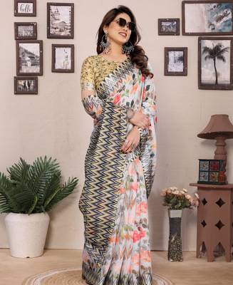 Multicolor cotton lilen digital printed saree with blouse 3