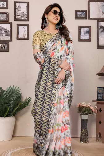 Multicolor cotton lilen digital printed saree with blouse