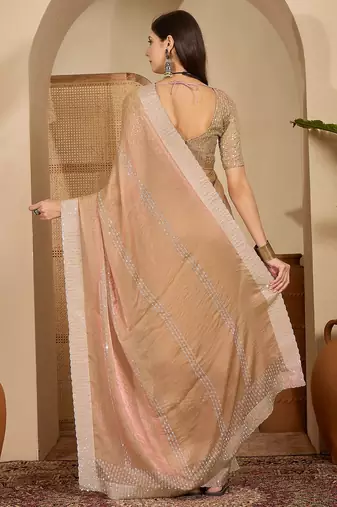 women's beige silk blend chiffon embellished saree with unstitched blouse piece