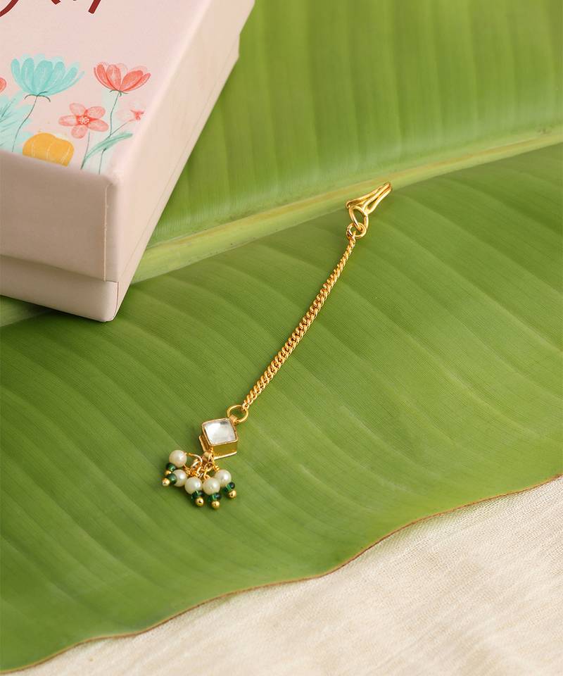 Gold plated kundan green stones maang tikka