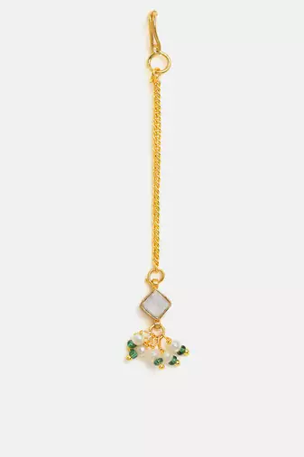 Gold plated kundan green stones maang tikka