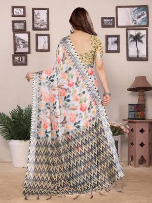 Multicolor cotton lilen digital printed saree with blouse 5
