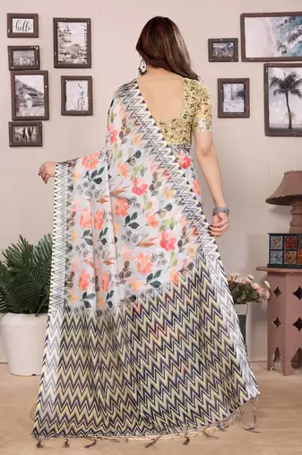 Multicolor cotton lilen digital printed saree with blouse