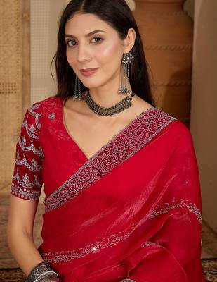 women's rani silk blend chiffon embellished saree with unstitched blouse piece 2