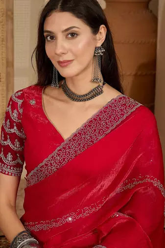 women's rani silk blend chiffon embellished saree with unstitched blouse piece