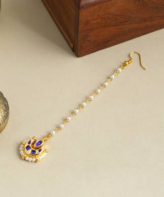 Gold plated kundan blue stones maang tikka 2