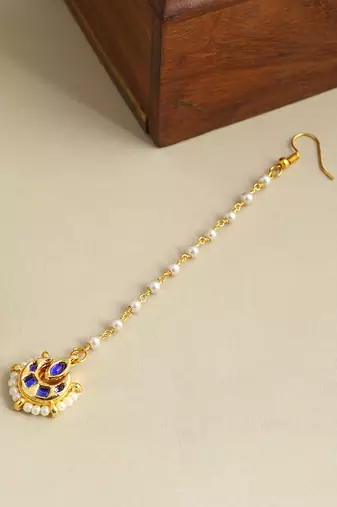 Gold plated kundan blue stones maang tikka