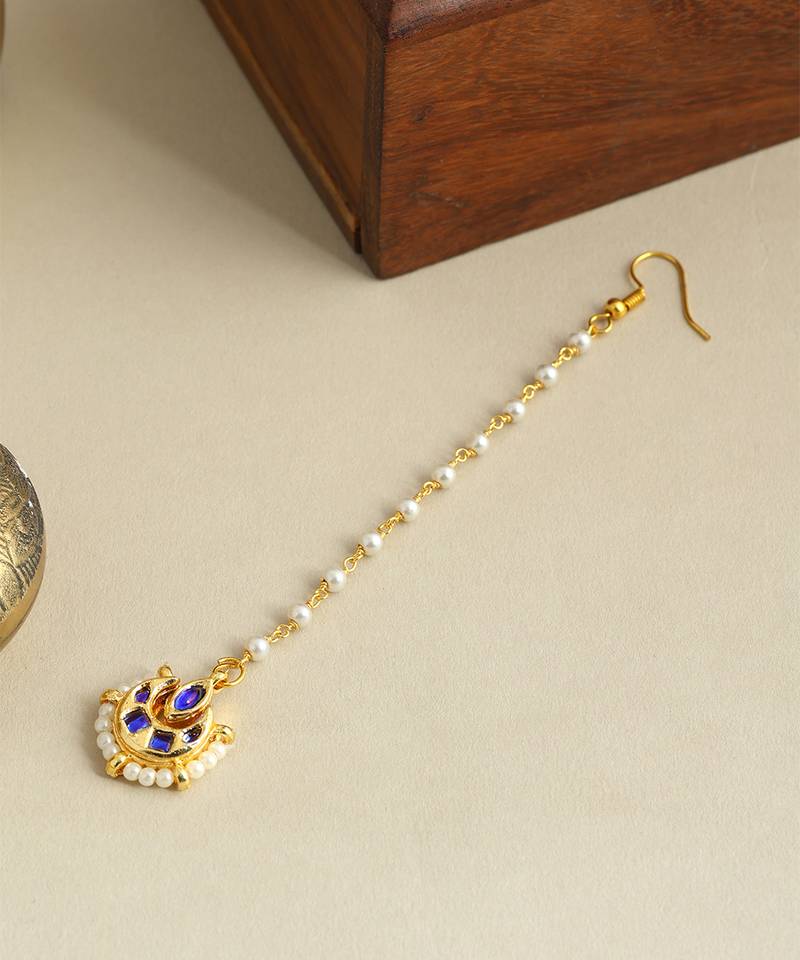Gold plated kundan blue stones maang tikka