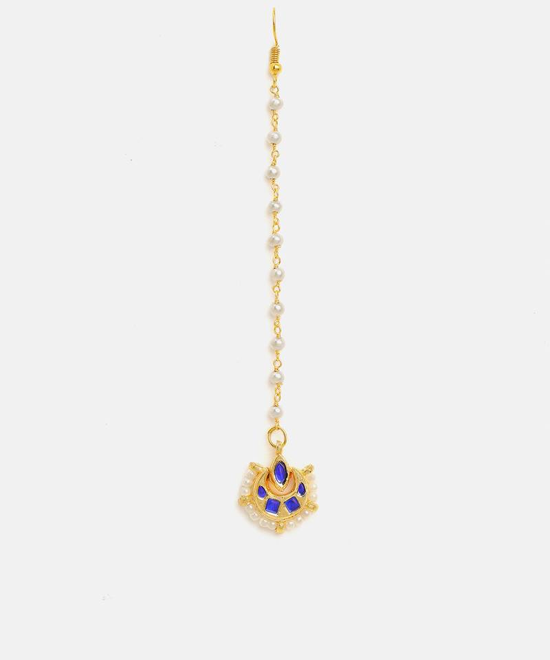 Gold plated kundan blue stones maang tikka