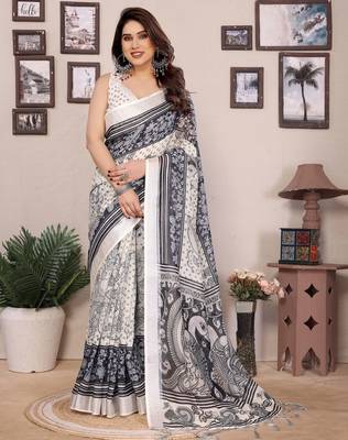 Black cotton lilen digital printed saree with blouse 1