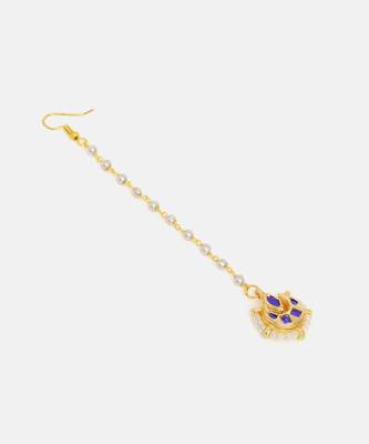 Gold plated kundan blue stones maang tikka 4