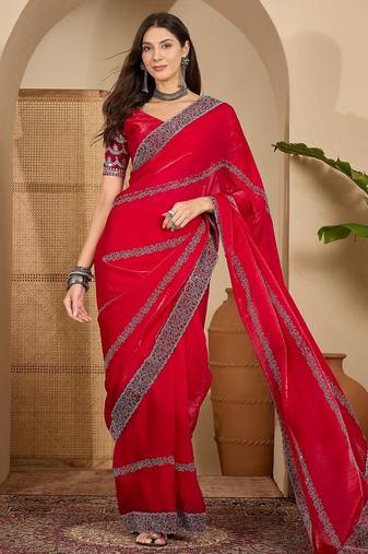 women's rani silk blend chiffon embellished saree with unstitched blouse piece