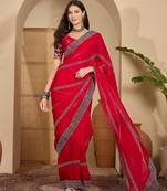 women's rani silk blend chiffon embellished saree with unstitched blouse piece