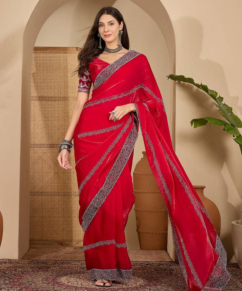 women's rani silk blend chiffon embellished saree with unstitched blouse piece