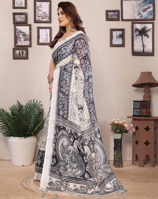 Black cotton lilen digital printed saree with blouse 2