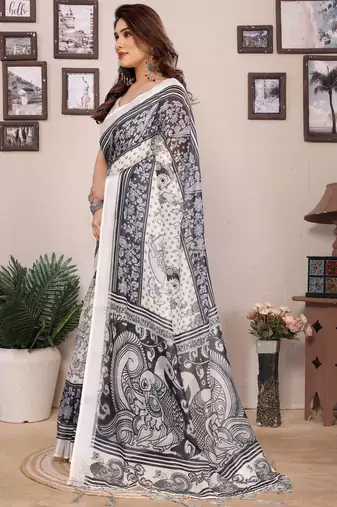 Black cotton lilen digital printed saree with blouse