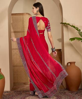 women's rani silk blend chiffon embellished saree with unstitched blouse piece 3