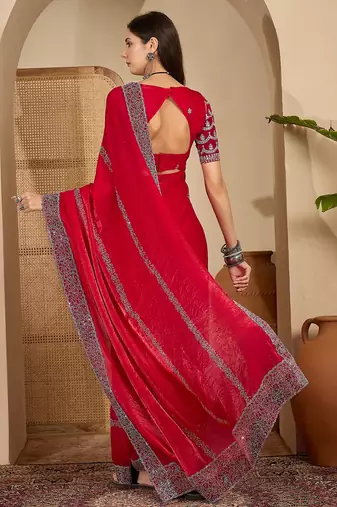 women's rani silk blend chiffon embellished saree with unstitched blouse piece