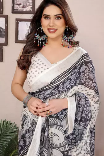 Black cotton lilen digital printed saree with blouse