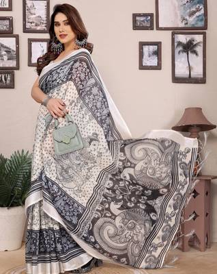 Black cotton lilen digital printed saree with blouse 4