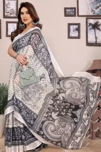 Black cotton lilen digital printed saree with blouse