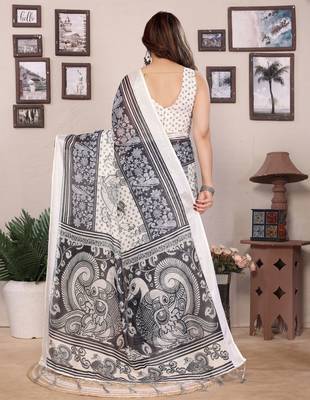 Black cotton lilen digital printed saree with blouse 5