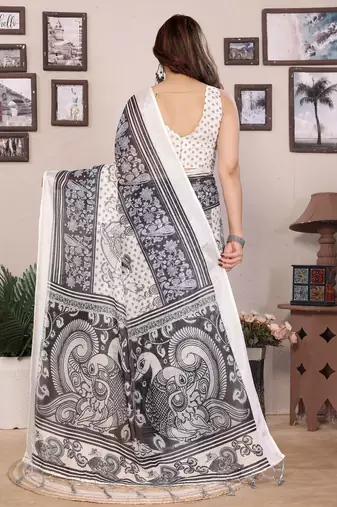 Black cotton lilen digital printed saree with blouse