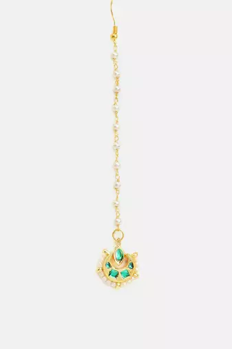 Gold plated kundan green stones maang tikka