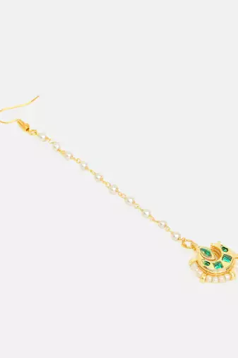 Gold plated kundan green stones maang tikka