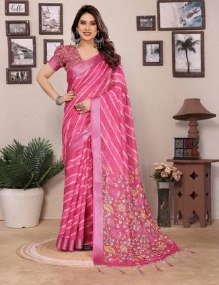 Pink cotton lilen digital printed saree with blouse 1