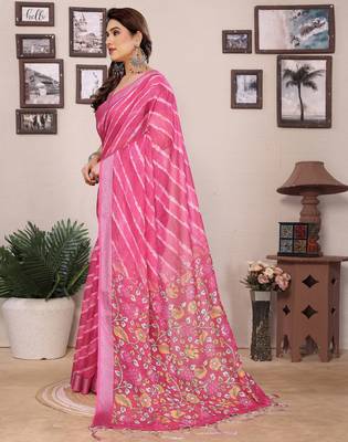 Pink cotton lilen digital printed saree with blouse 2