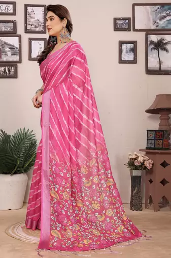 Pink cotton lilen digital printed saree with blouse