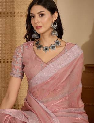 women's pink silk blend chiffon embellished saree with unstitched blouse piece 2