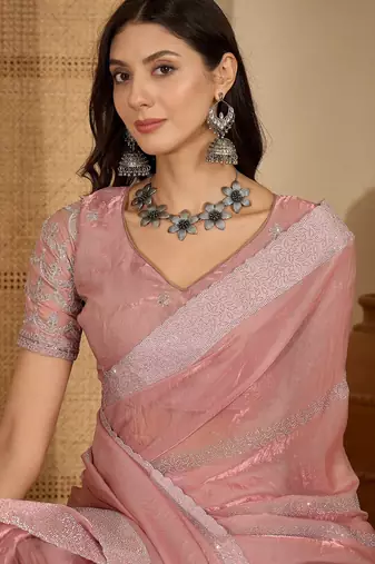 women's pink silk blend chiffon embellished saree with unstitched blouse piece
